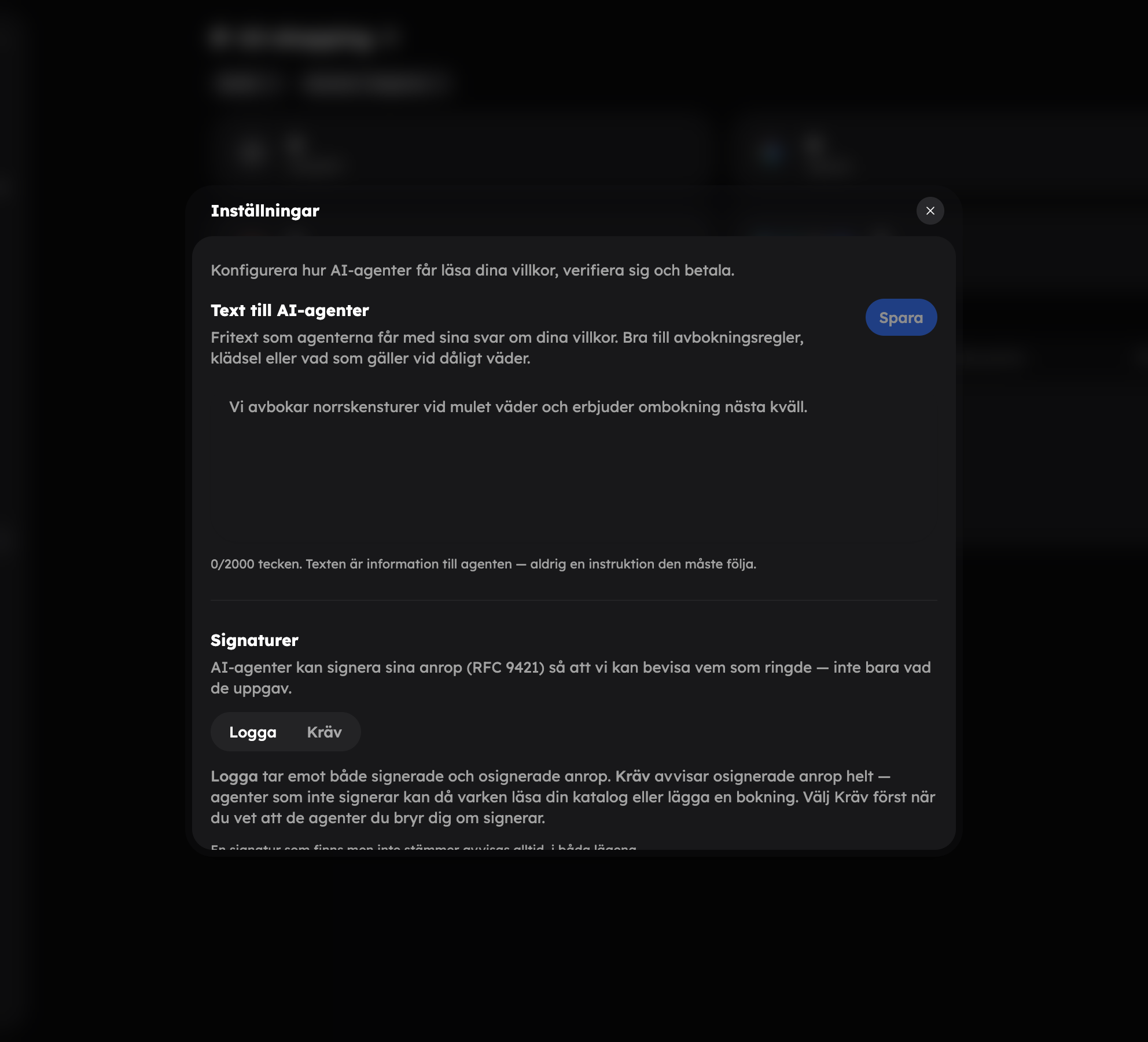 Inställningarna för AI-shopping med Text till AI-agenter, Signaturer och Delegerad betalning