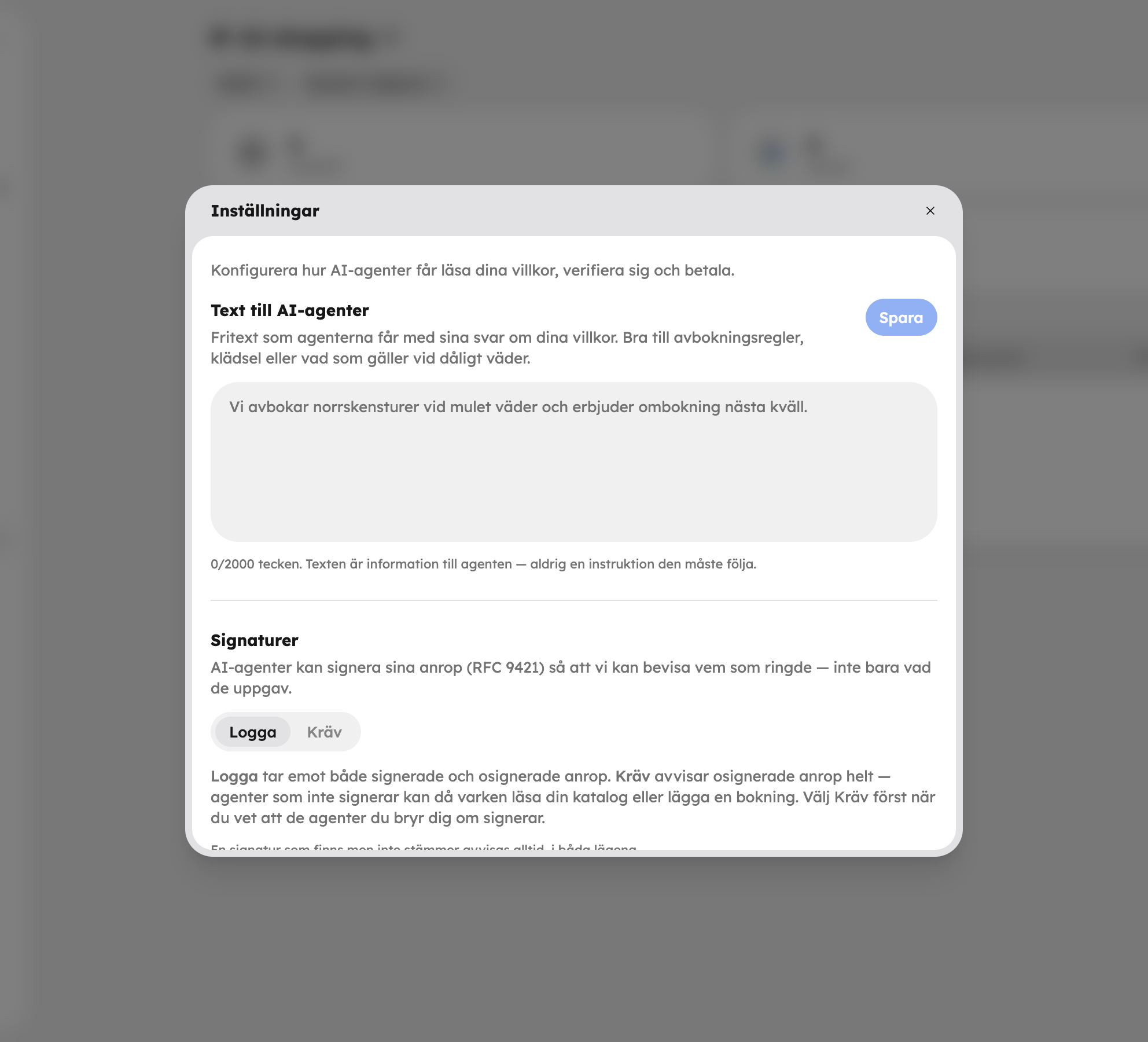 Inställningarna för AI-shopping med Text till AI-agenter, Signaturer och Delegerad betalning