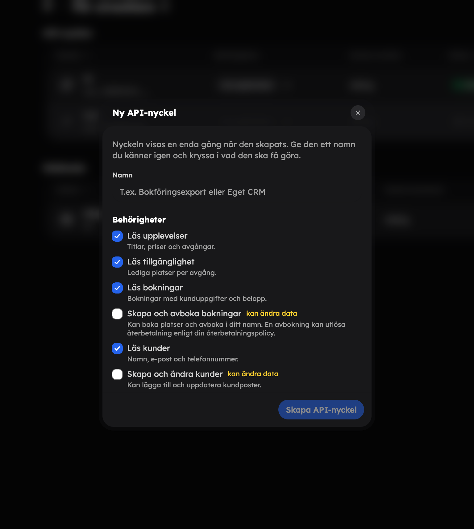 Rutan Ny API-nyckel med fältet Namn och listan med behörigheter