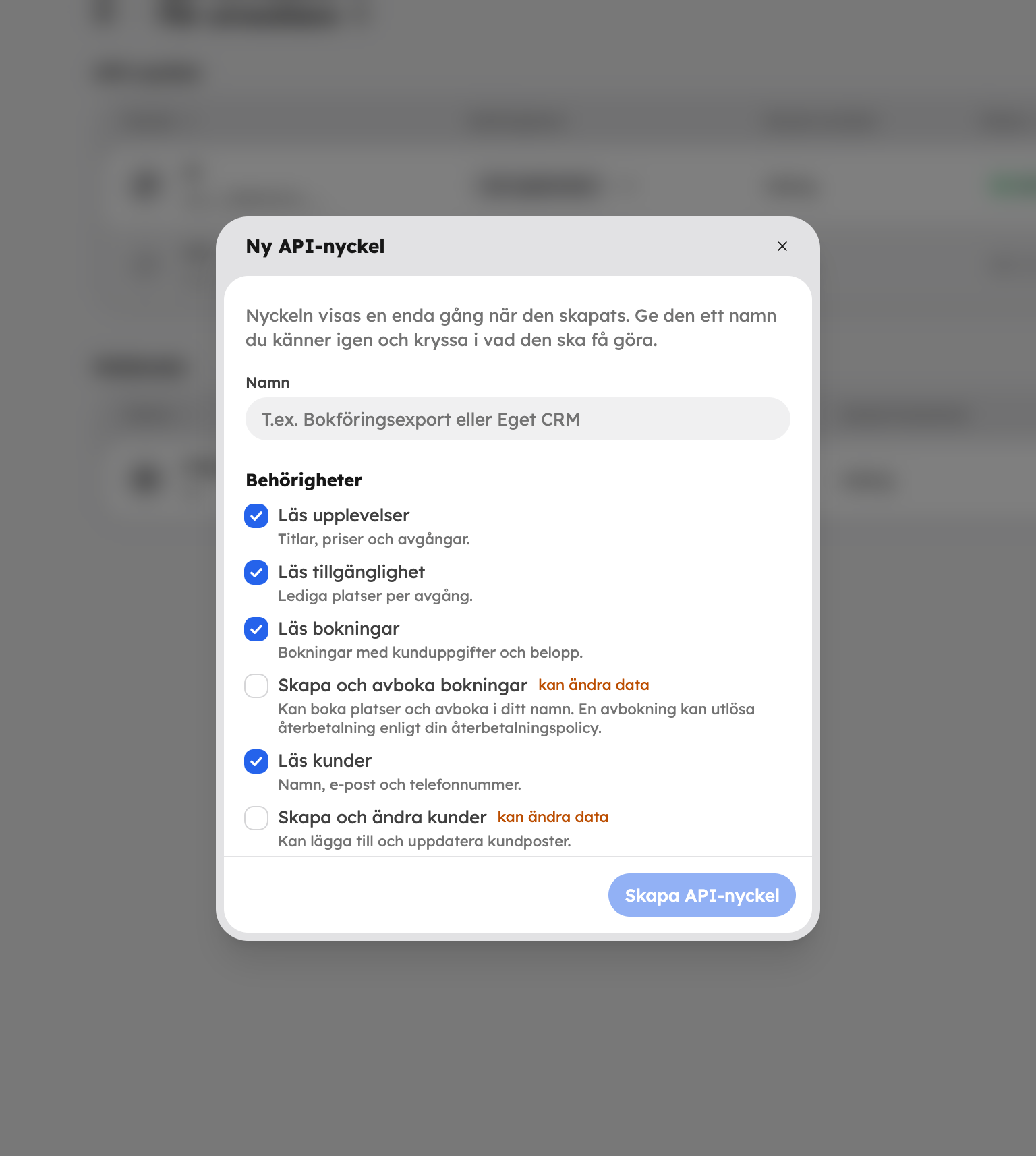 Rutan Ny API-nyckel med fältet Namn och listan med behörigheter