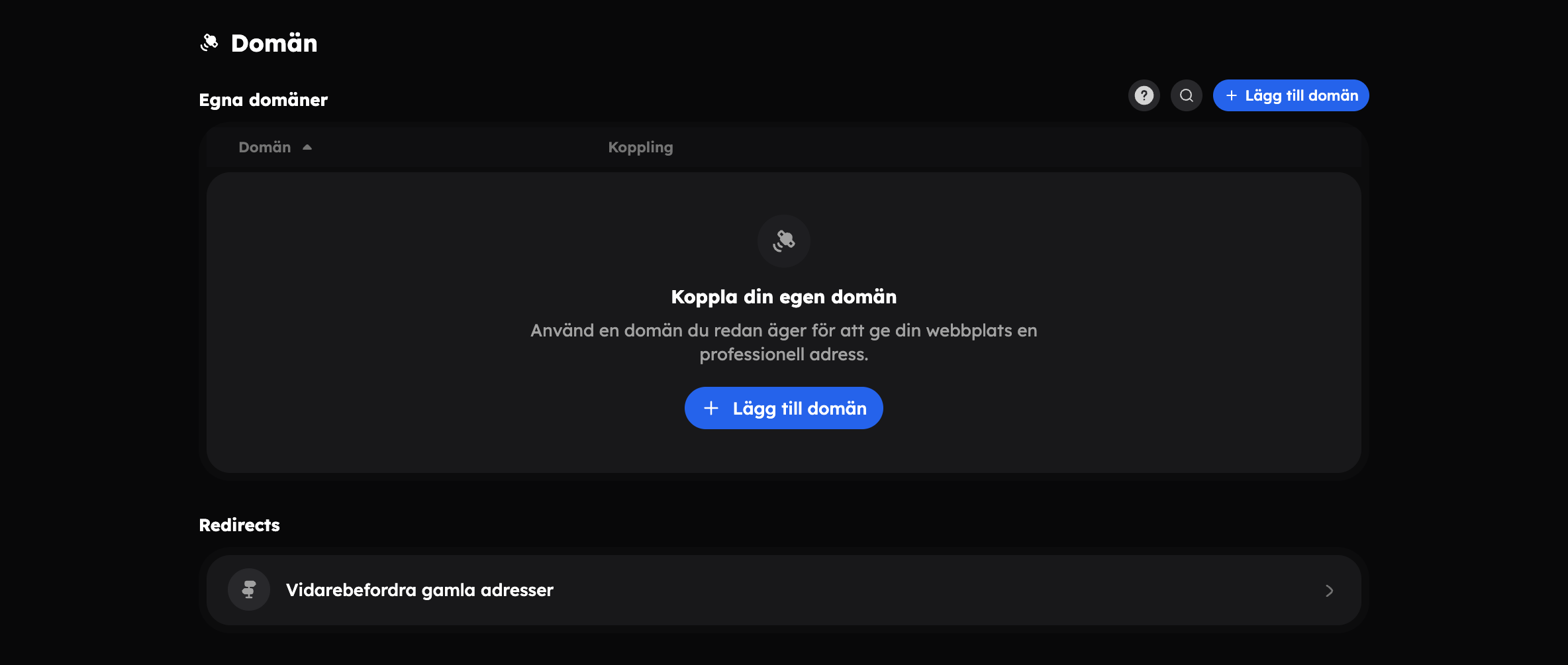 Domänsidan med egna domäner och redirects