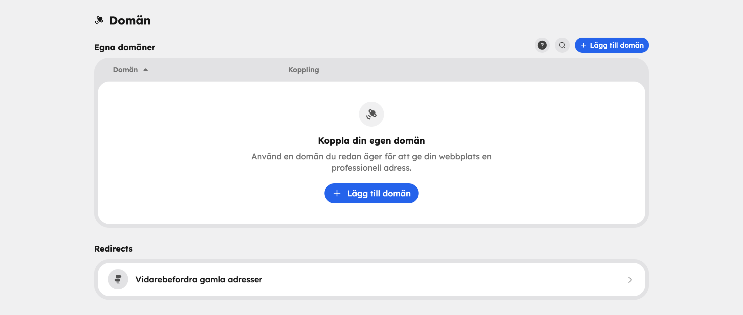 Domänsidan med egna domäner och redirects