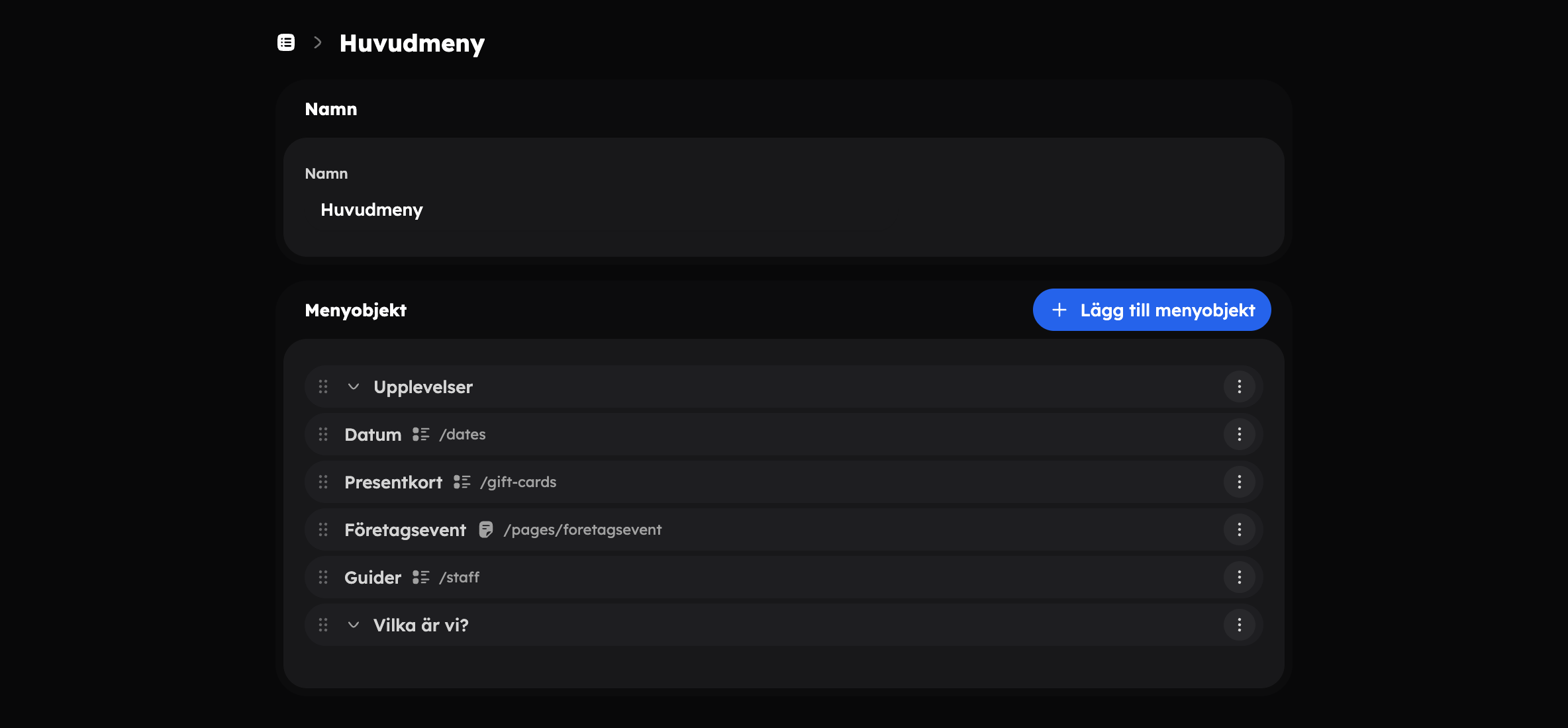 Redigering av en meny med länkar och en dropdown