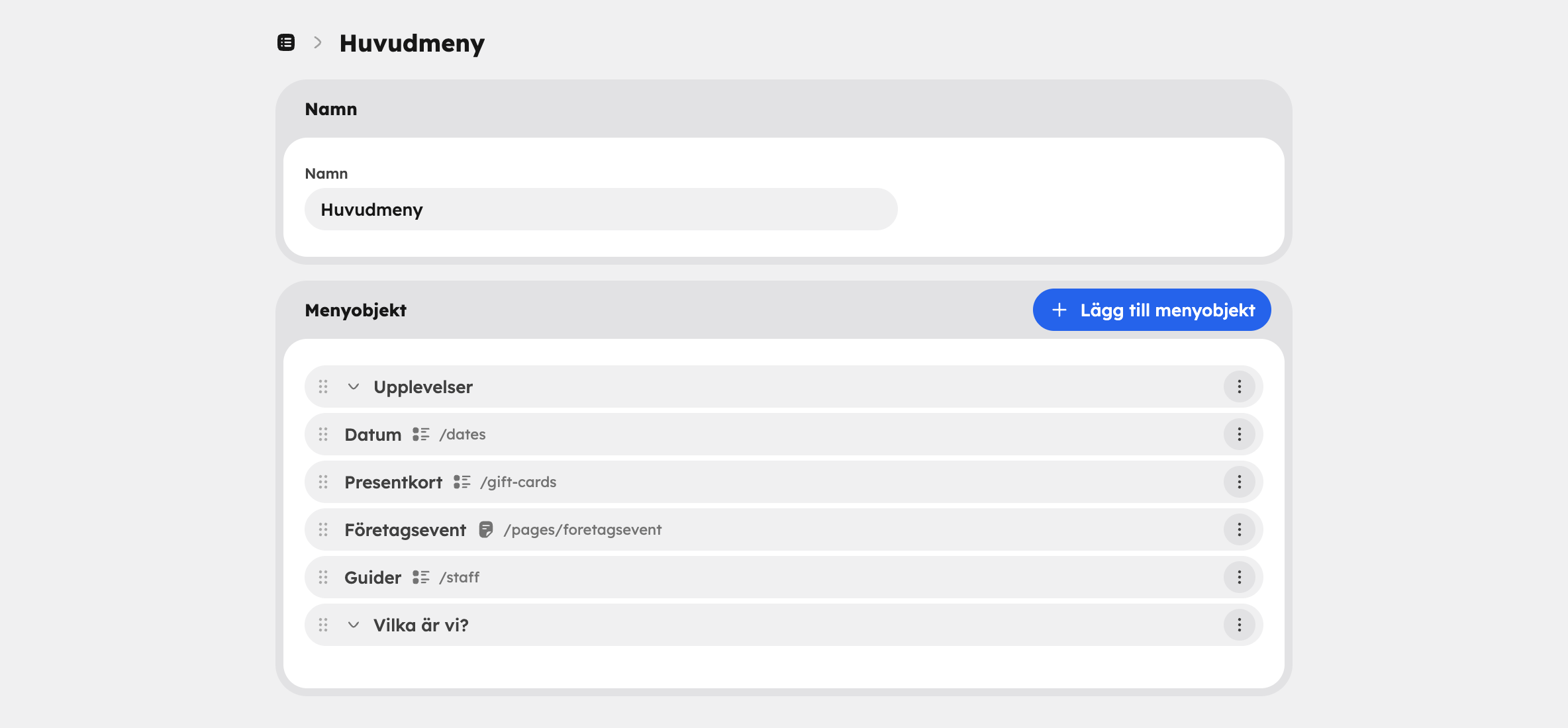 Redigering av en meny med länkar och en dropdown