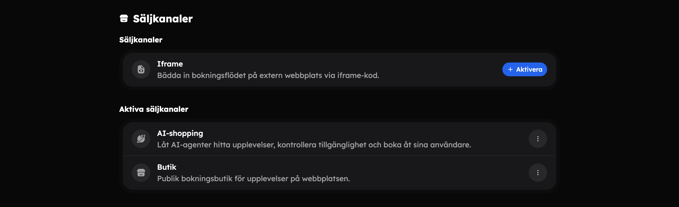 Iframe-sidan med val, inbäddningskod och förhandsvisning av bokningsrutan