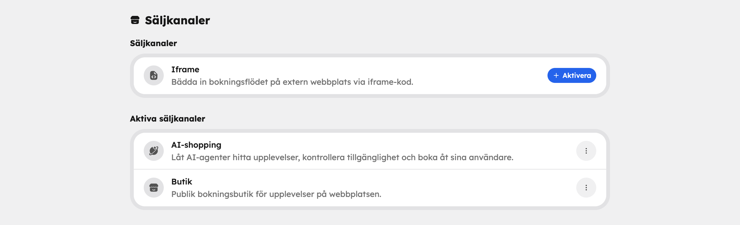 Iframe-sidan med val, inbäddningskod och förhandsvisning av bokningsrutan