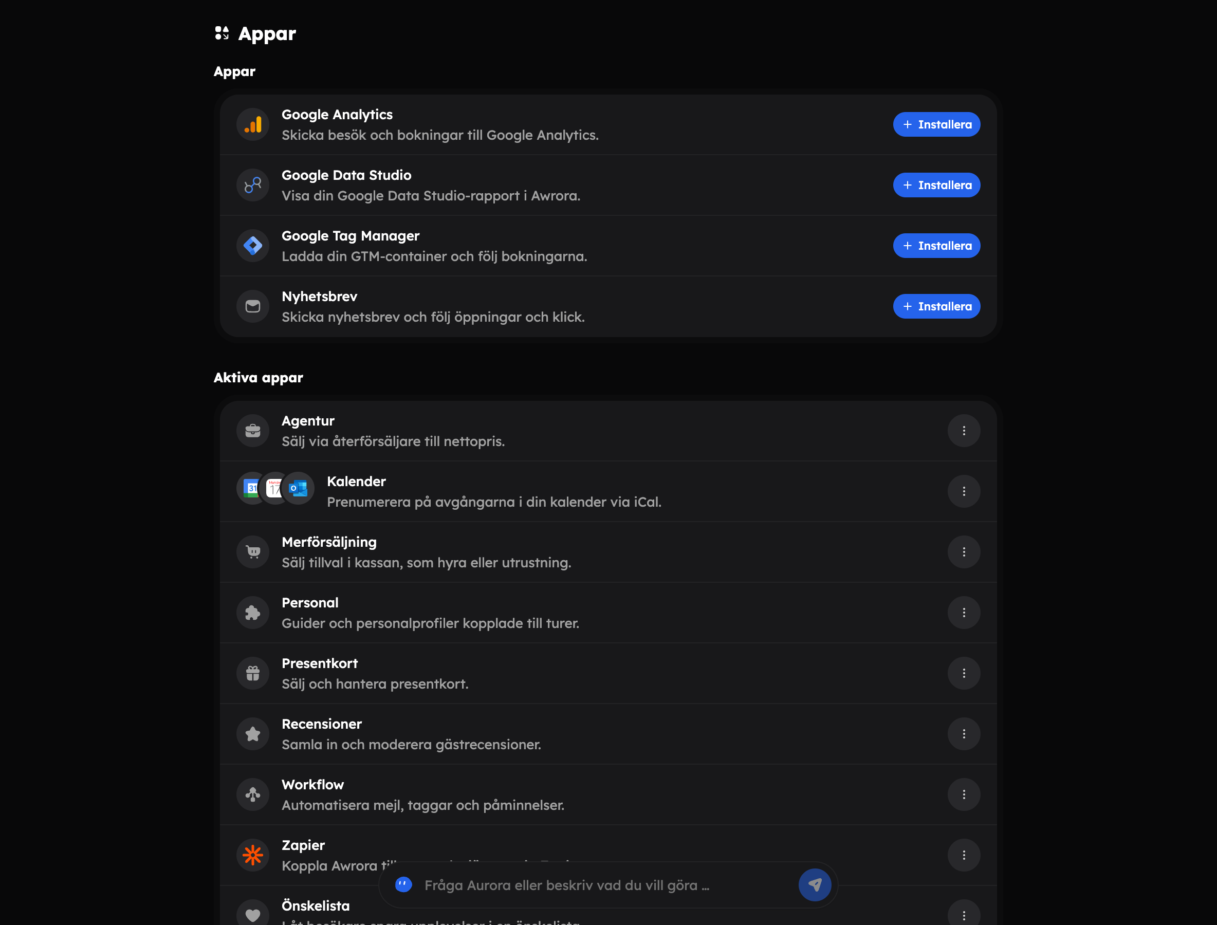 Inställningar → Appar med tillgängliga appar och listan Aktiva appar