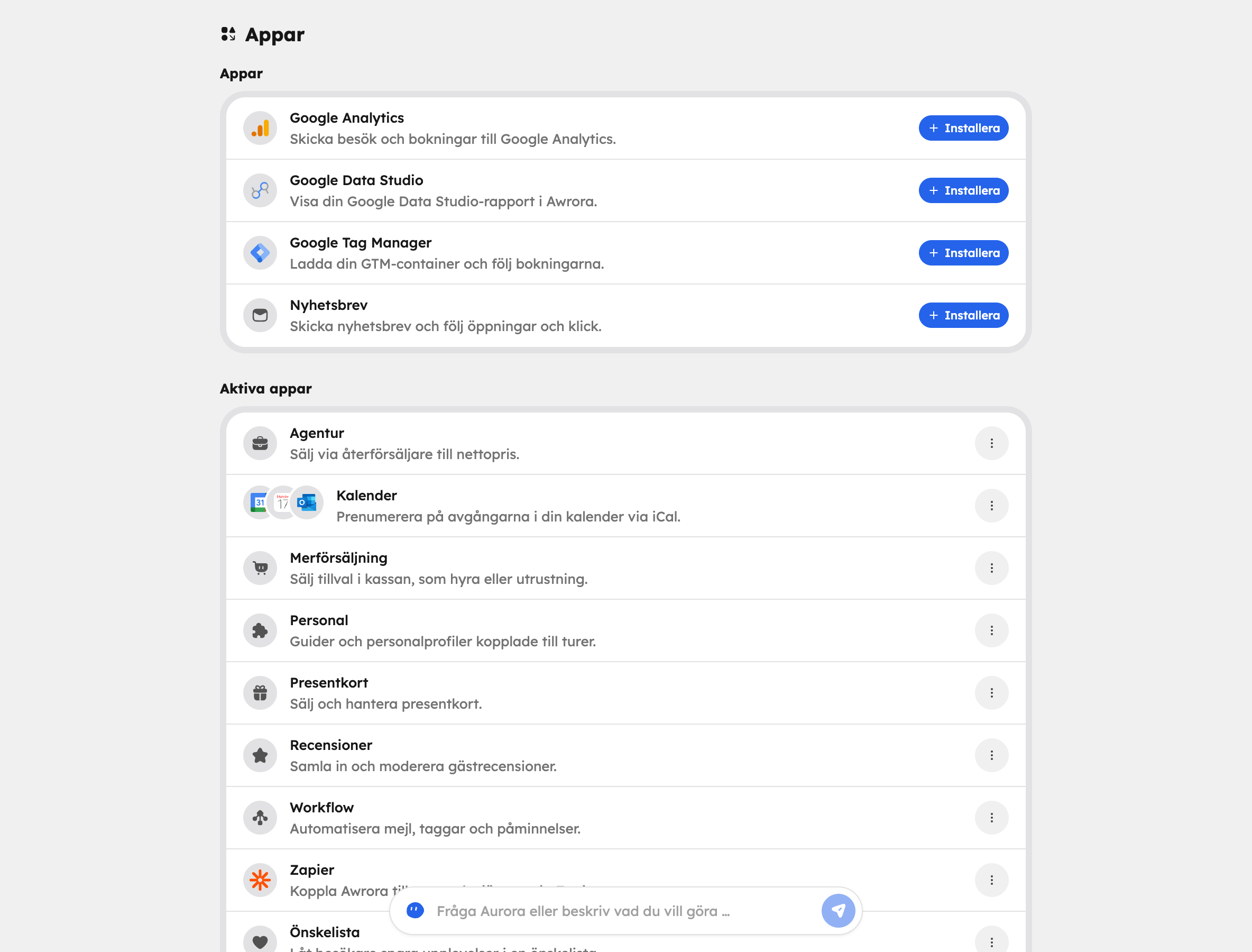 Inställningar → Appar med tillgängliga appar och listan Aktiva appar