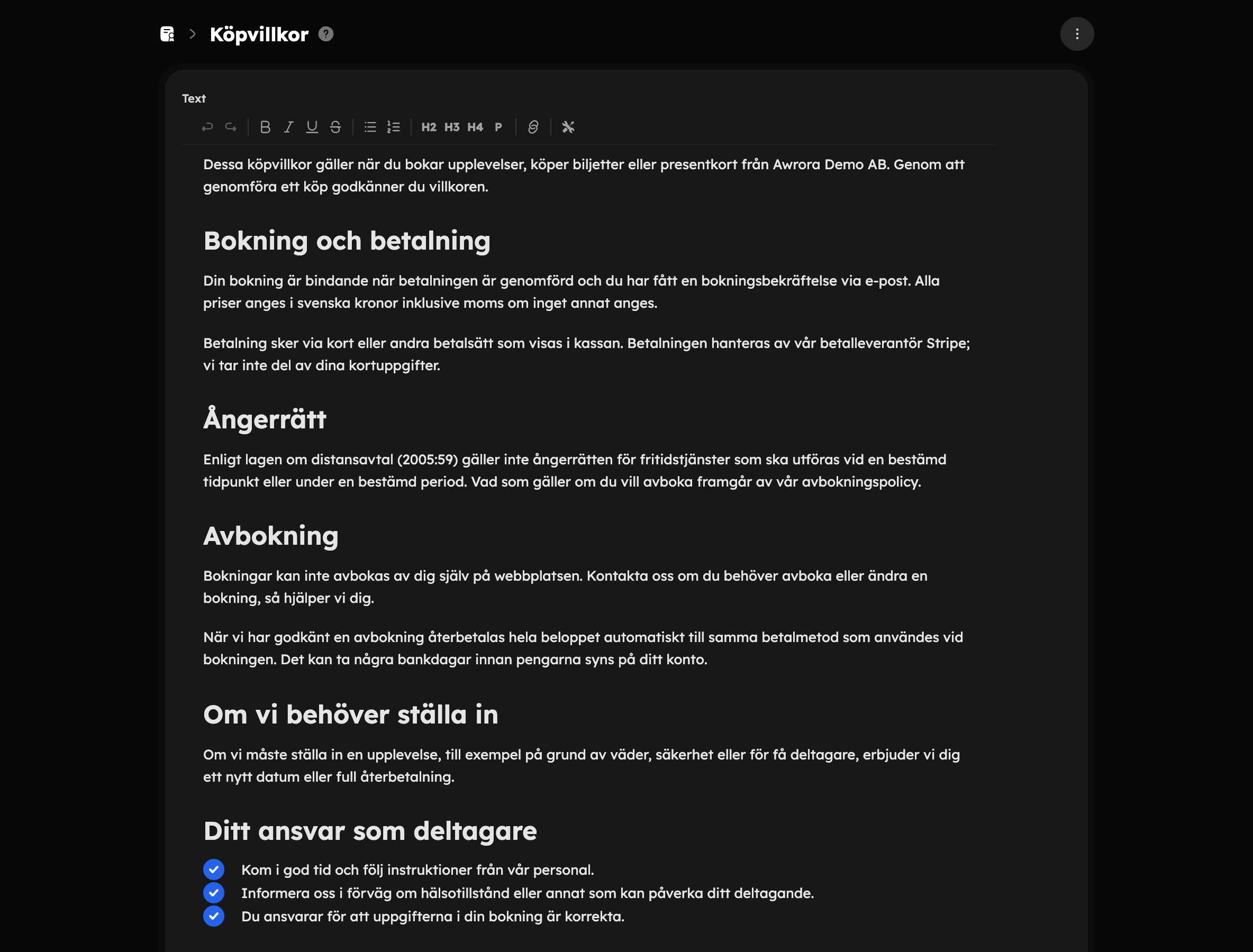 Köpvillkoren öppna för redigering med textfältet och knappen Fyll i från mall