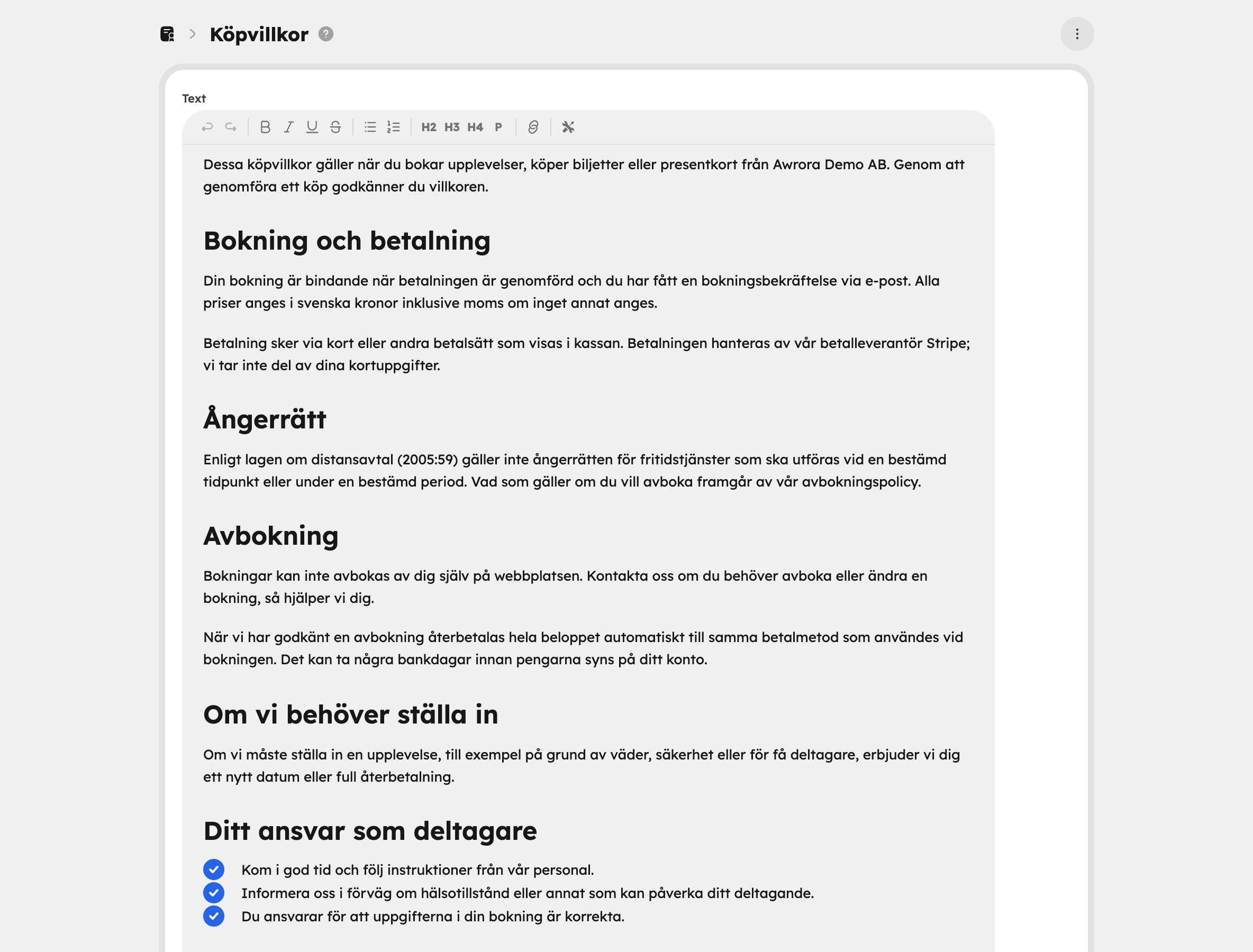 Köpvillkoren öppna för redigering med textfältet och knappen Fyll i från mall