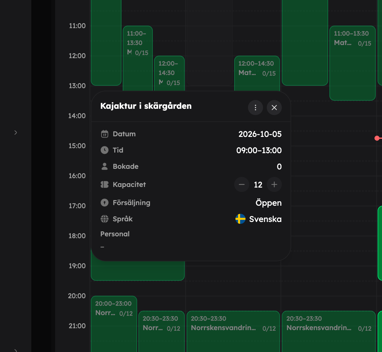Detaljerna för en tur med datum, tid, bokade, kapacitet och försäljning