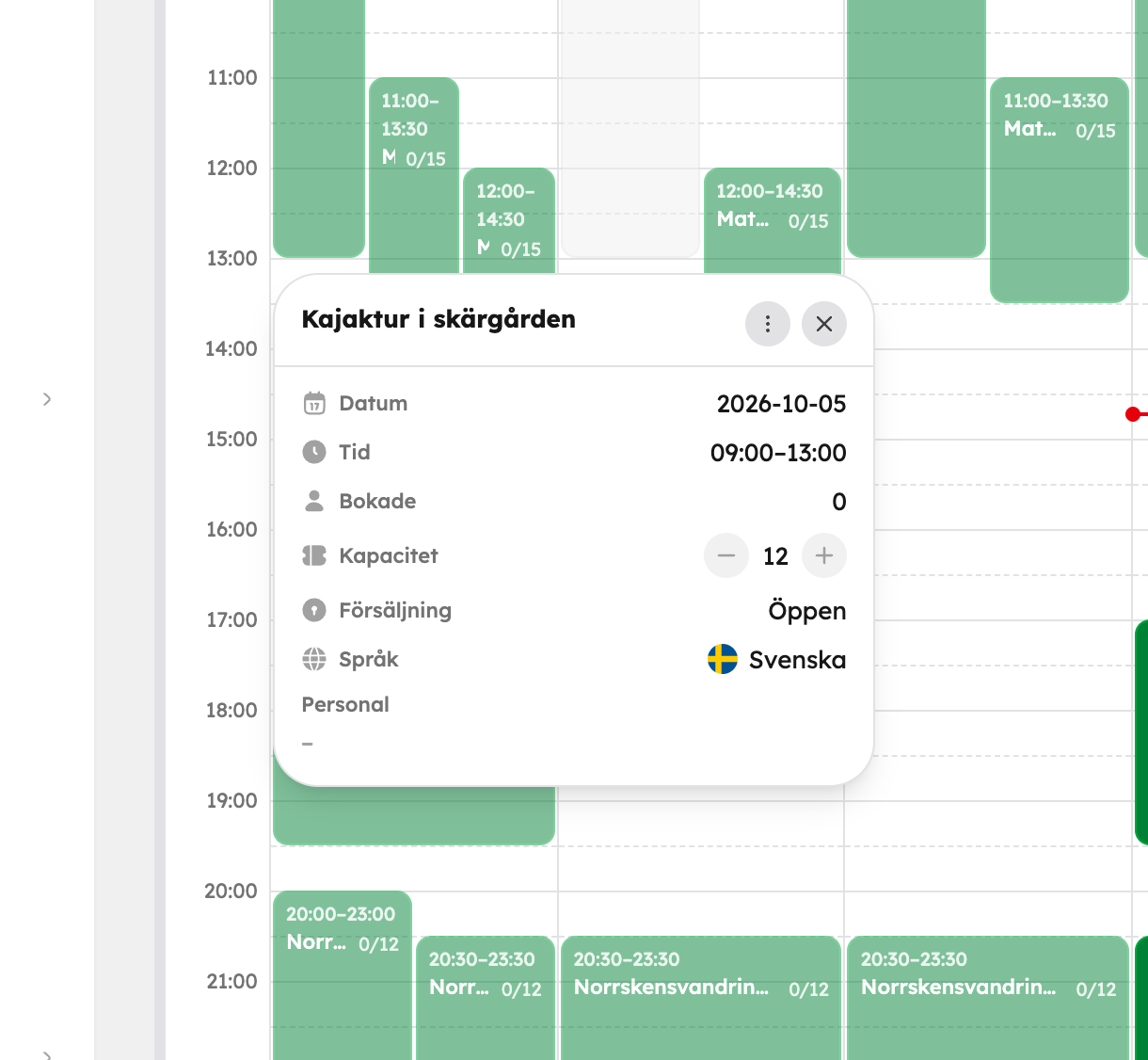 Detaljerna för en tur med datum, tid, bokade, kapacitet och försäljning
