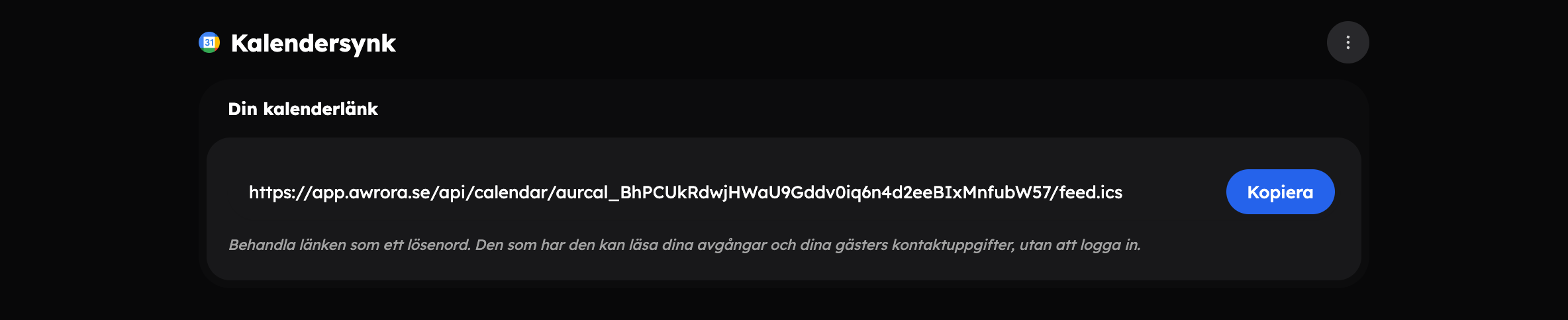 Sidan Kalendersynk med kortet Din kalenderlänk