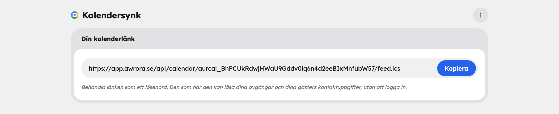 Sidan Kalendersynk med kortet Din kalenderlänk