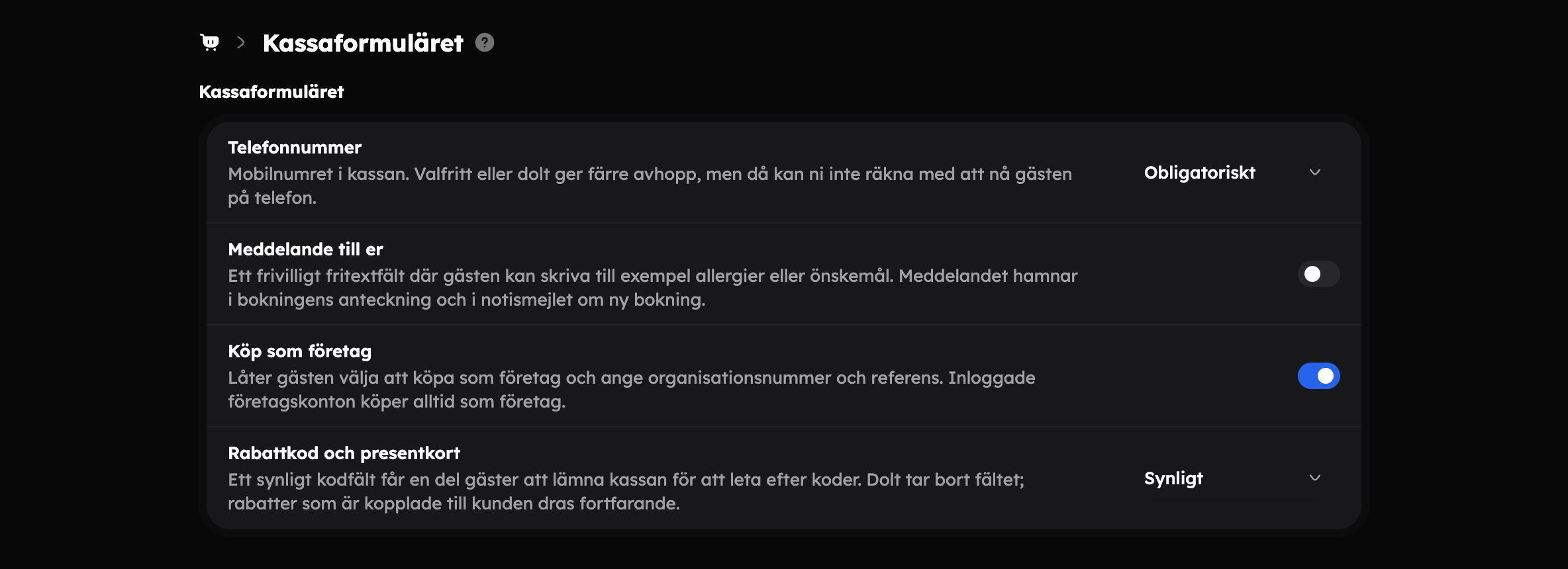 Kassaformuläret med telefonnummer, meddelande, köp som företag och kodfältet