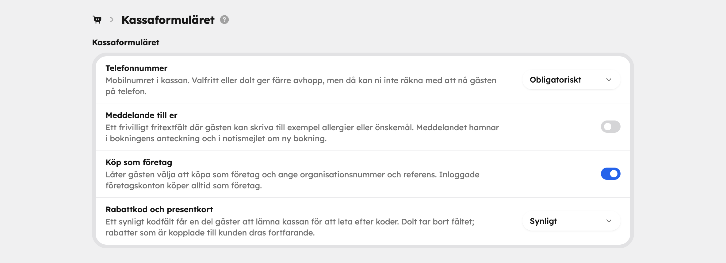 Kassaformuläret med telefonnummer, meddelande, köp som företag och kodfältet