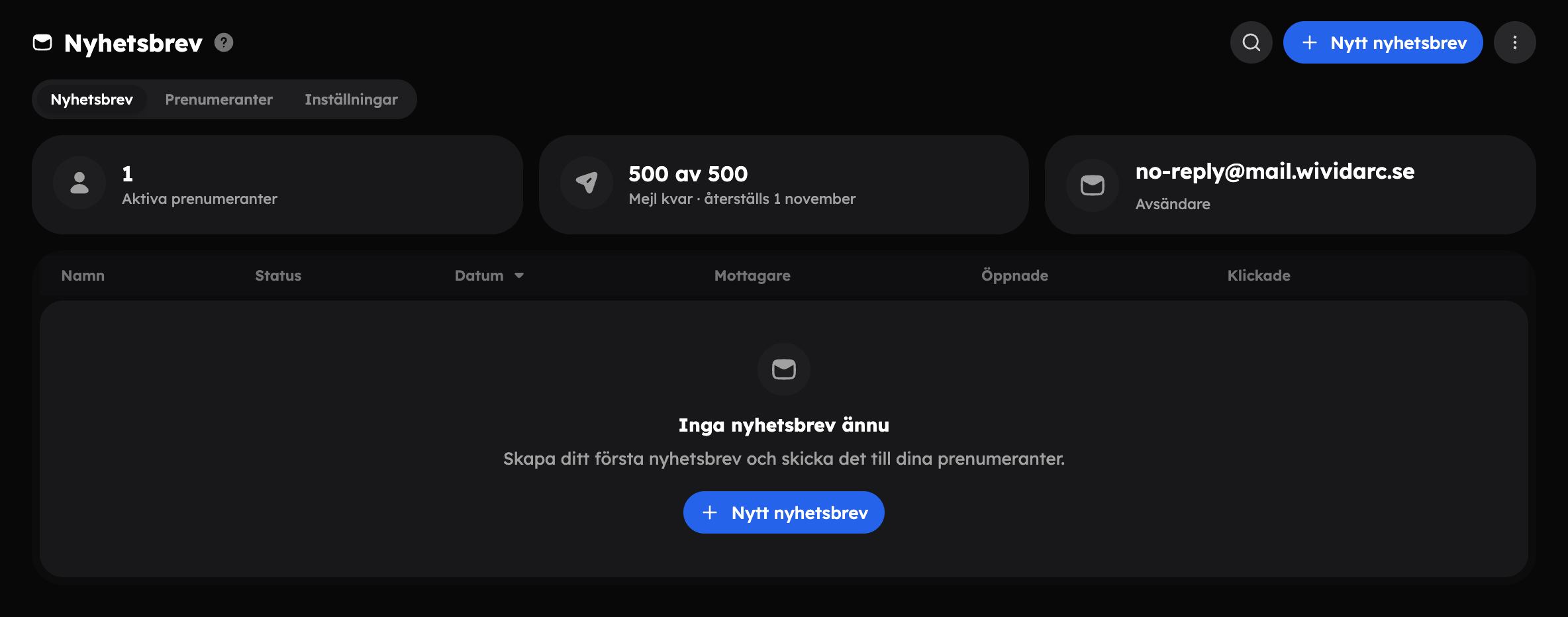 Nyhetsbrevsappen med aktiva prenumeranter, mejl kvar, avsändare och listan med brev