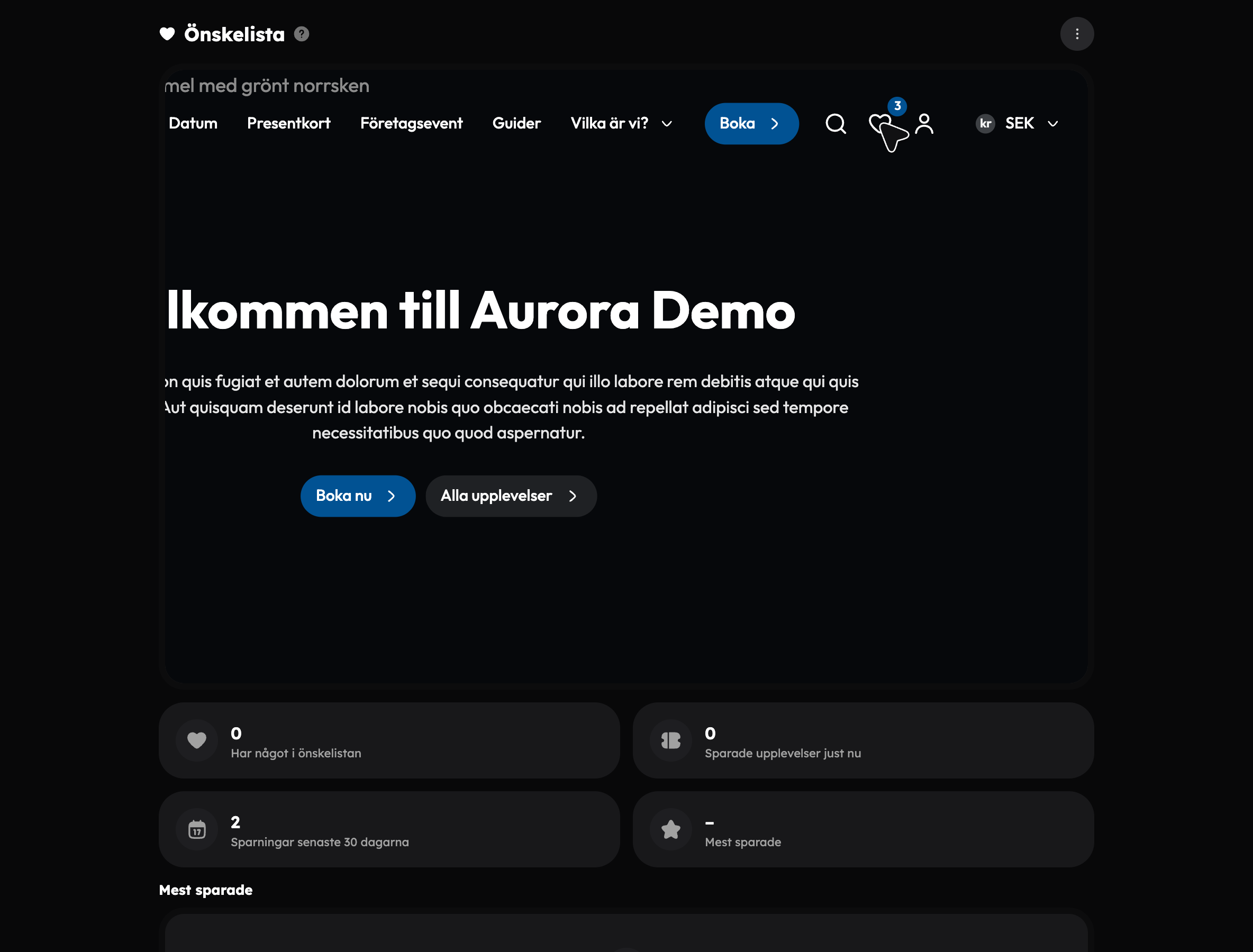 Önskelistans appsida med demon av hjärtat, nyckeltal och de mest sparade upplevelserna
