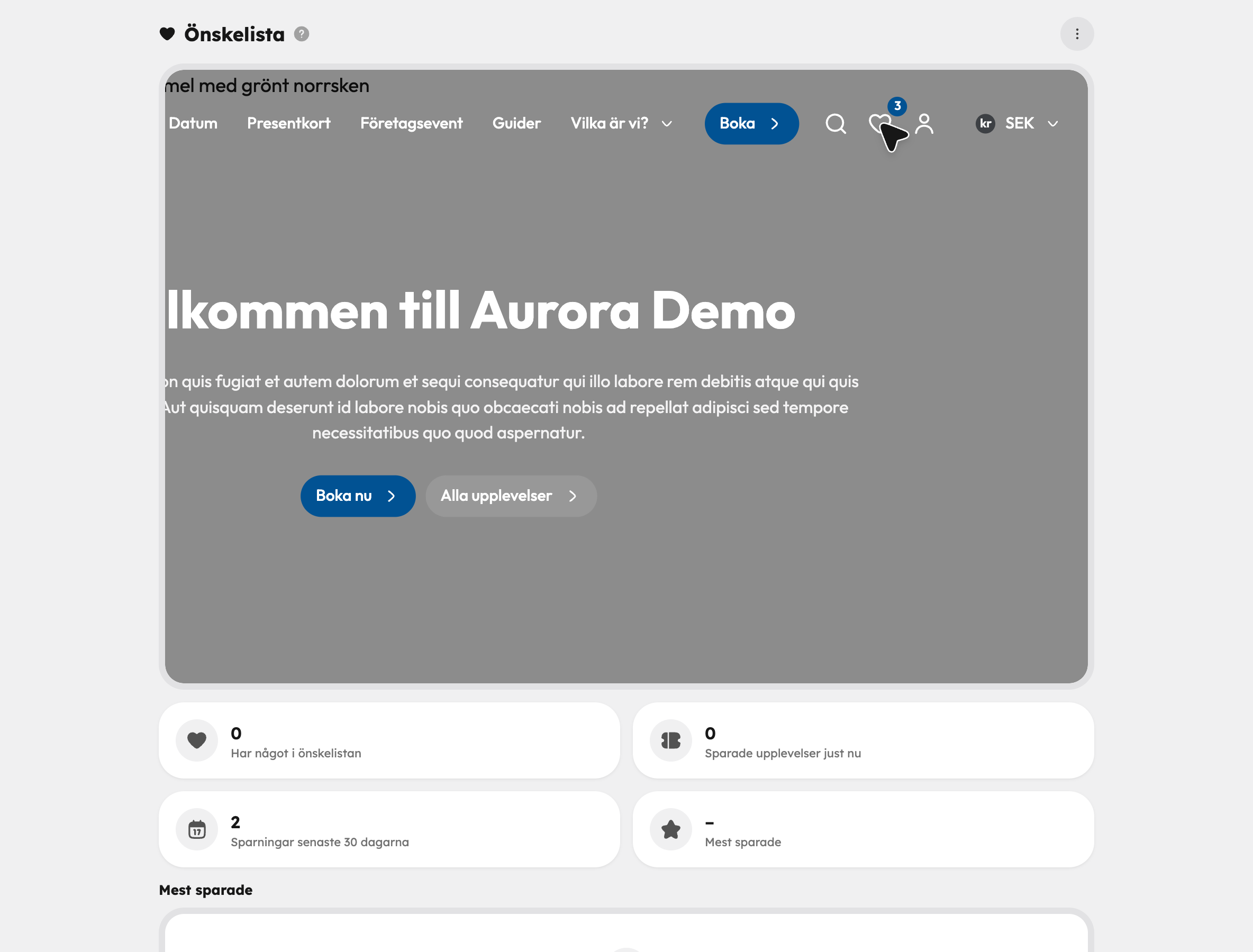 Önskelistans appsida med demon av hjärtat, nyckeltal och de mest sparade upplevelserna