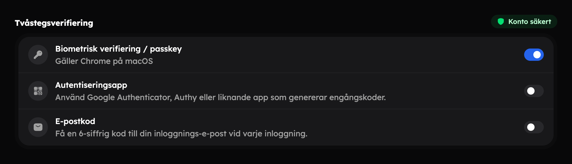 Kortet Tvåstegsverifiering med passkey, autentiseringsapp och e-postkod