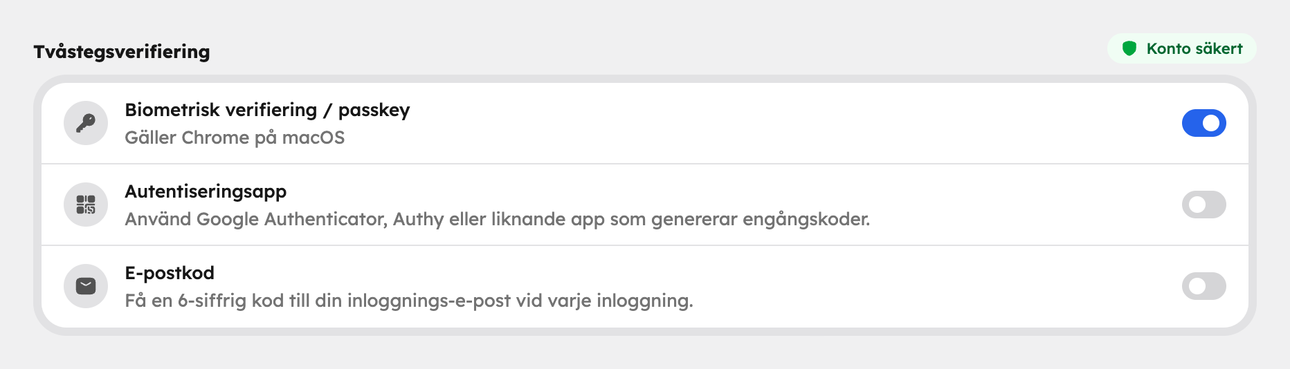 Kortet Tvåstegsverifiering med passkey, autentiseringsapp och e-postkod