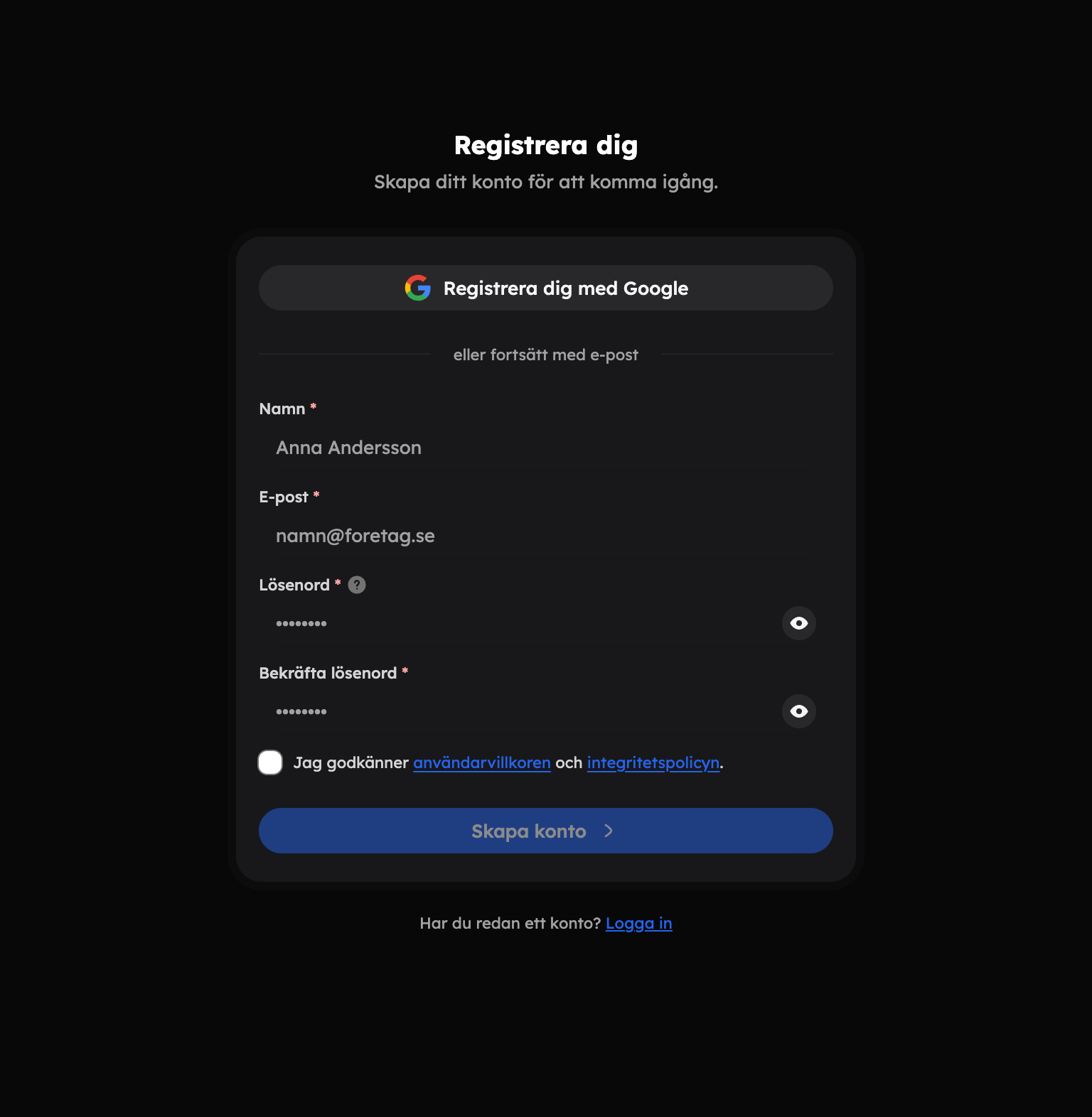 Registreringssidan med Google-inloggning, namn, e-post, lösenord och villkor