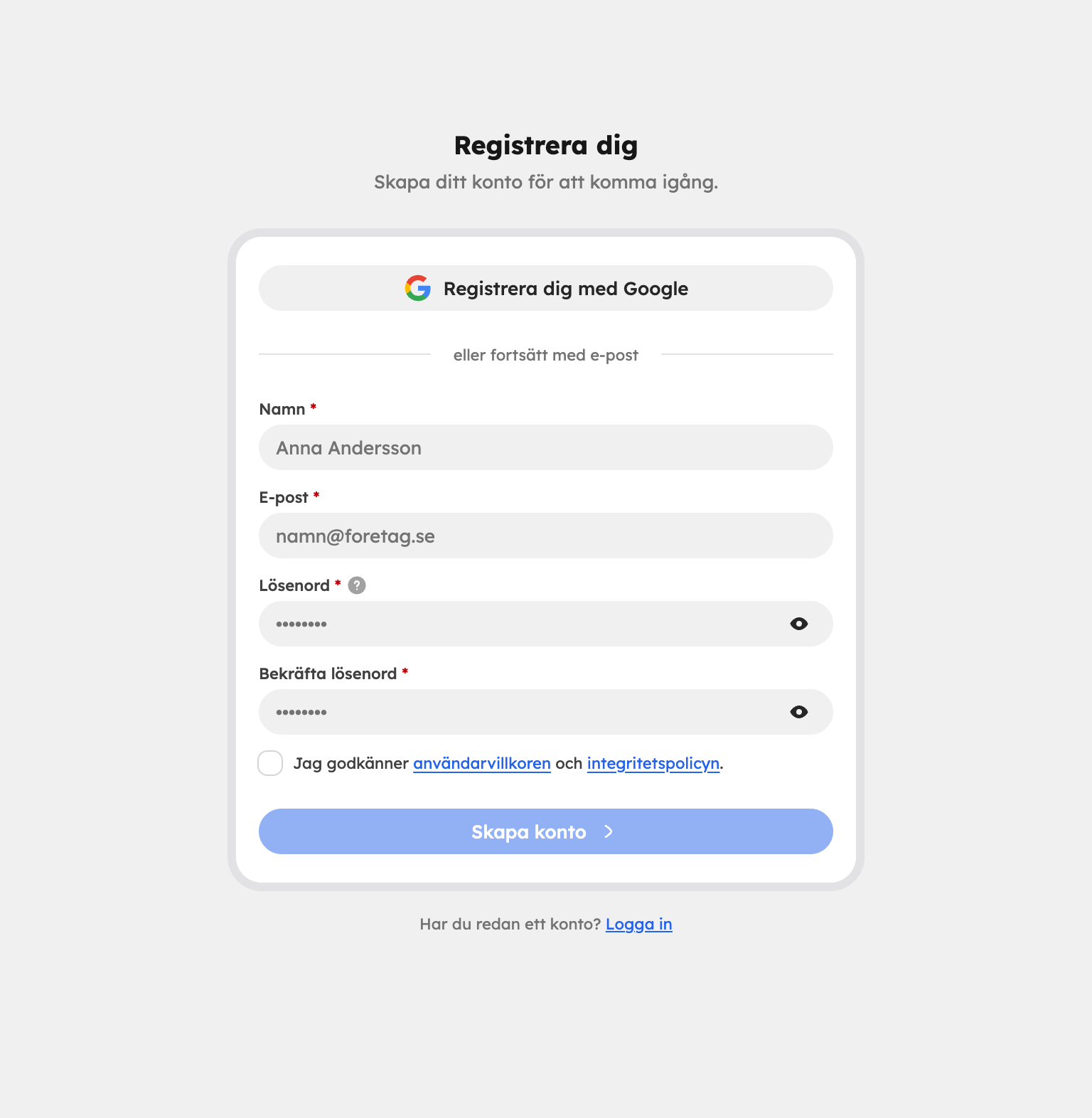 Registreringssidan med Google-inloggning, namn, e-post, lösenord och villkor