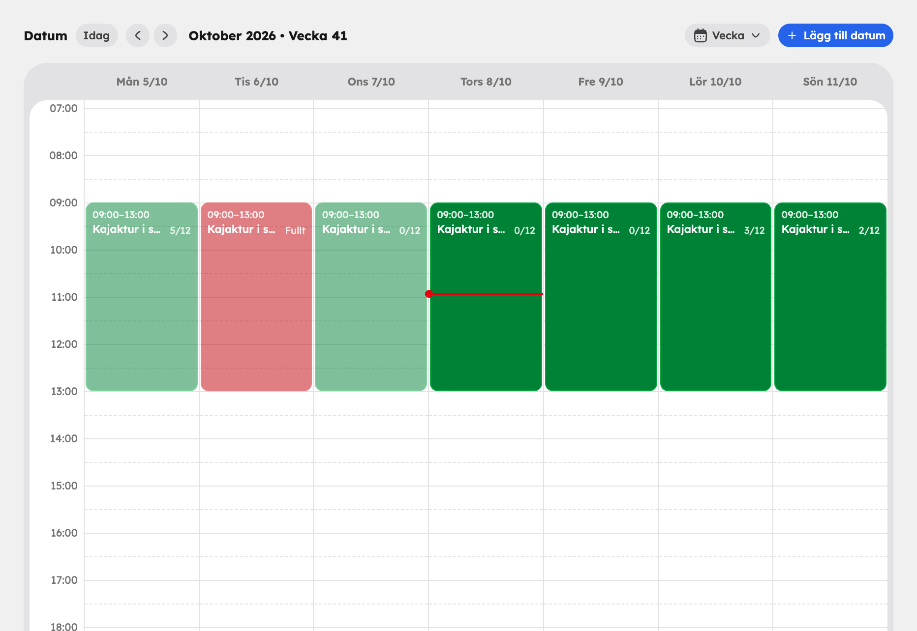 Blocket Datum i upplevelseeditorn med kalender och lista över tillfällen