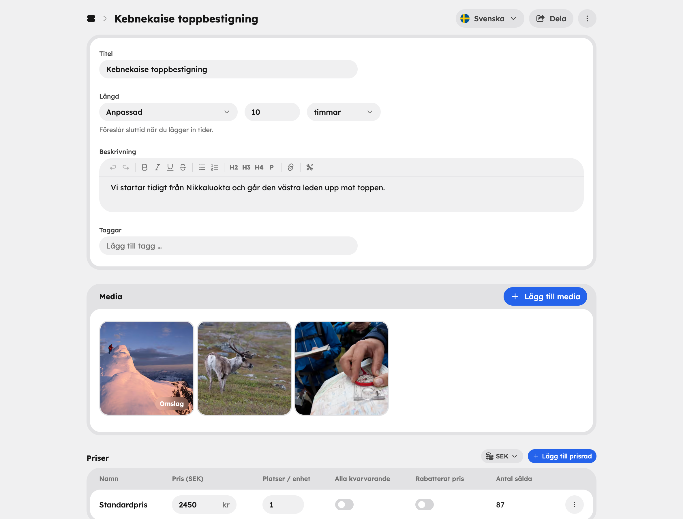 Upplevelseeditorn med titel, längd, beskrivning och media