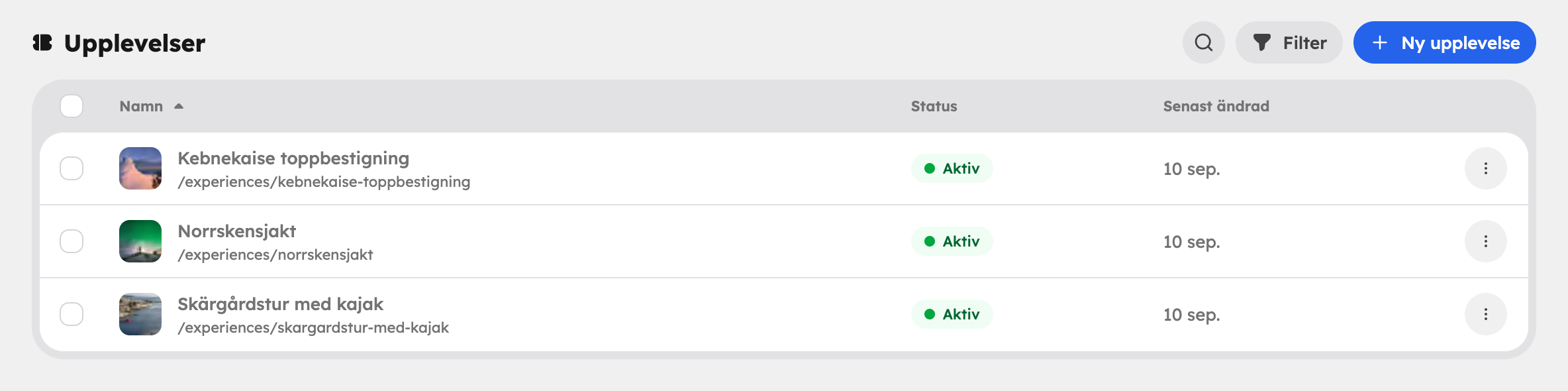 Listan över upplevelser med status och senast ändrad