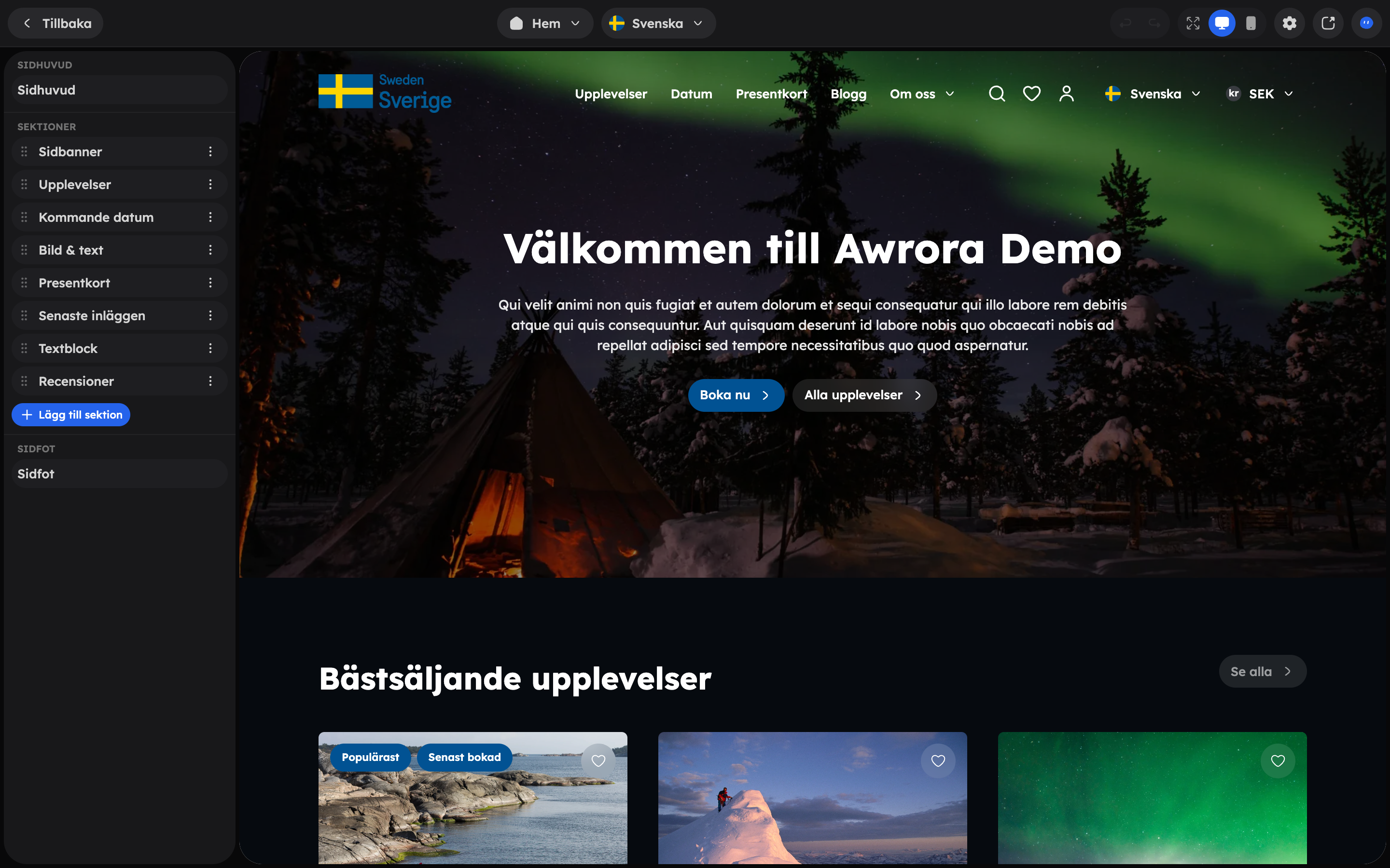 Webbeditorn med sektionslistan till vänster och förhandsvisningen av startsidan
