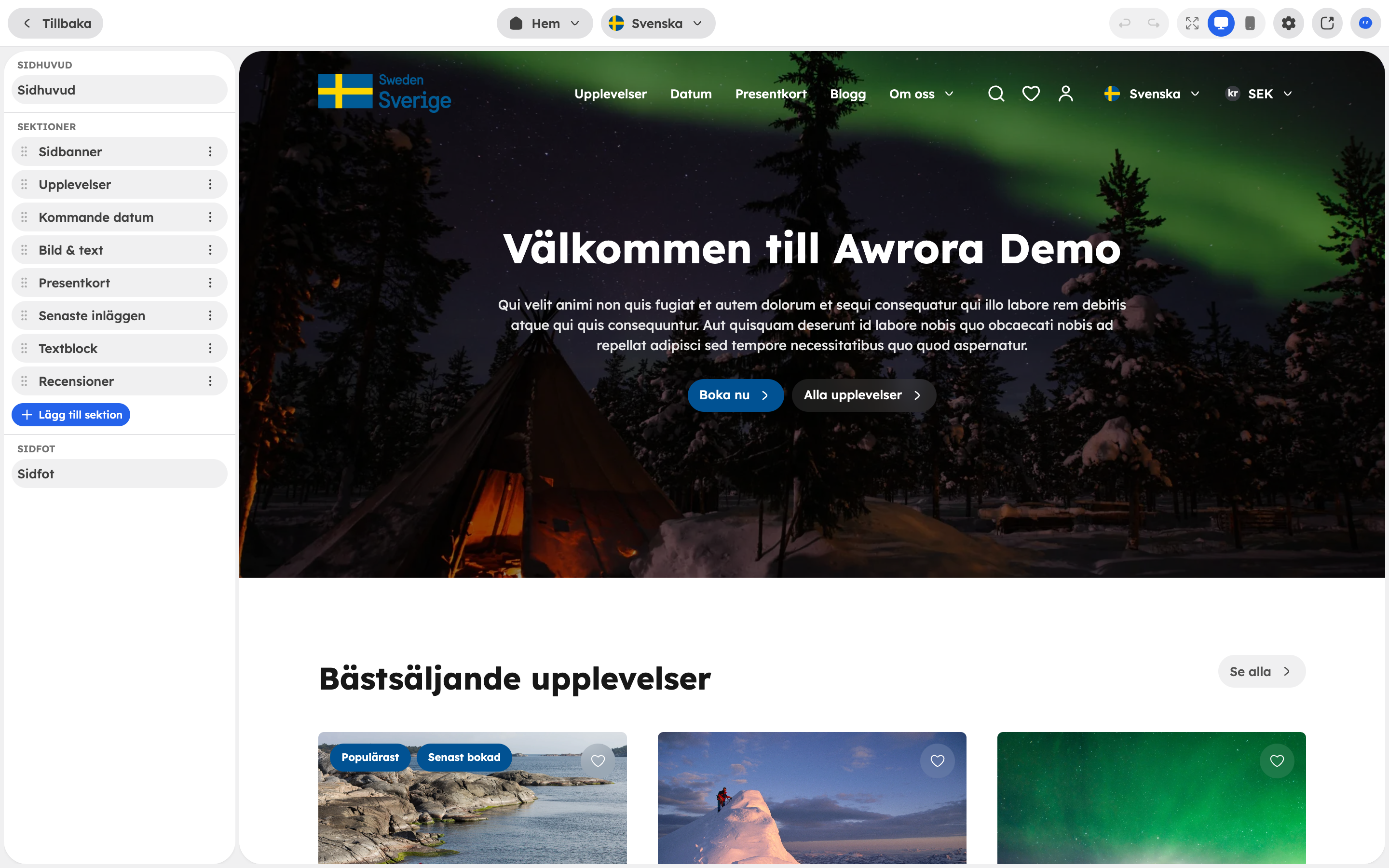 Webbeditorn med sektionslistan till vänster och förhandsvisningen av startsidan