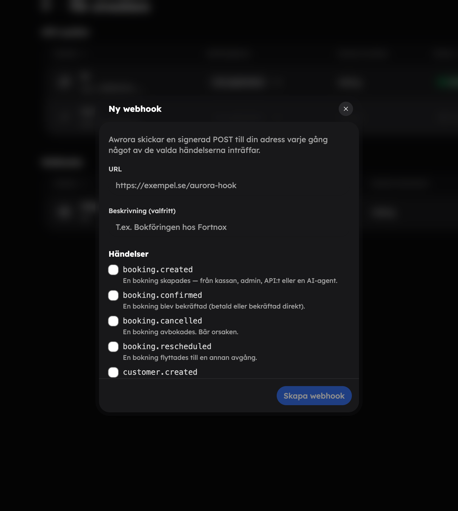 Rutan Ny webhook med fälten URL och Beskrivning samt listan med händelser