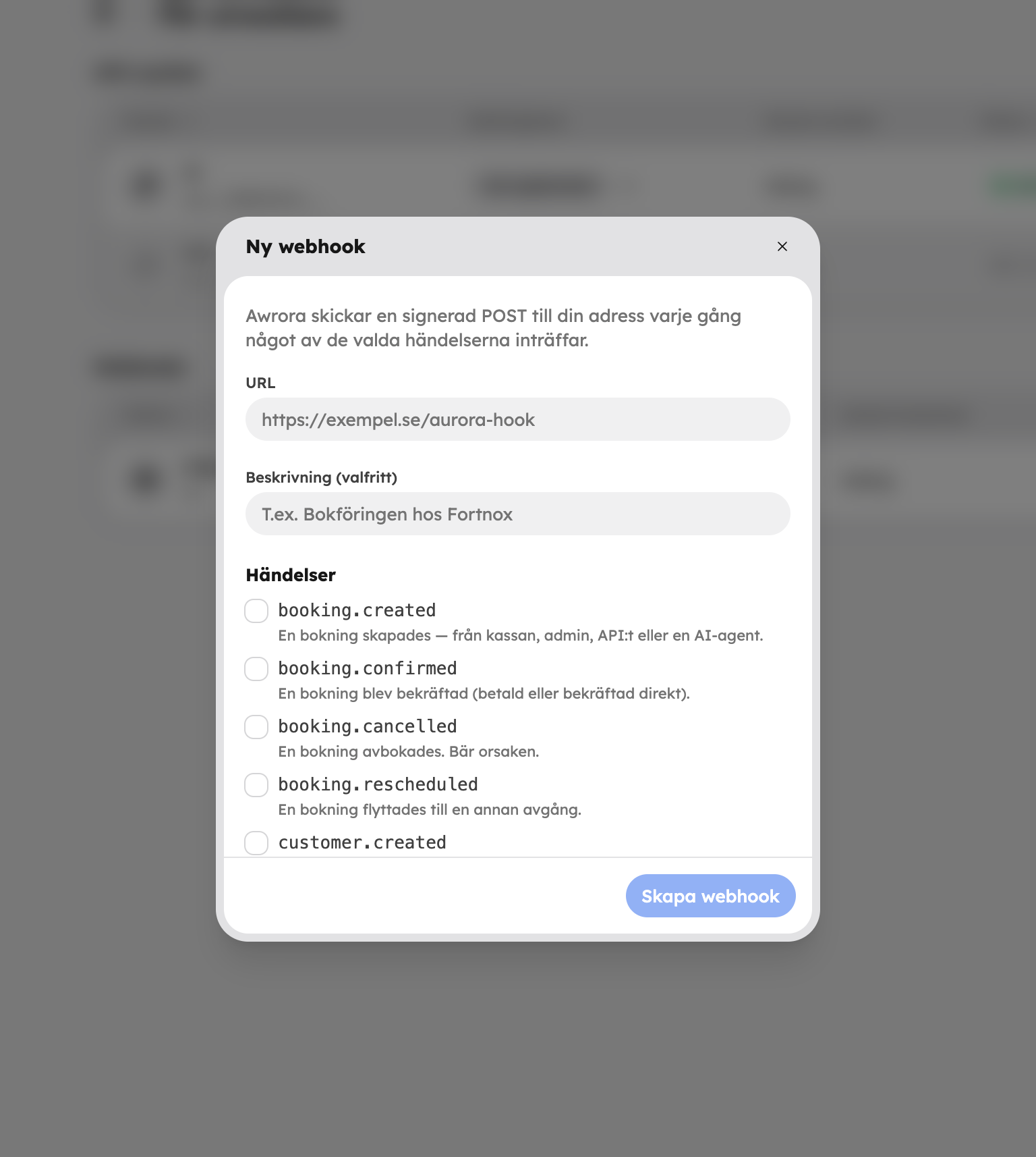 Rutan Ny webhook med fälten URL och Beskrivning samt listan med händelser