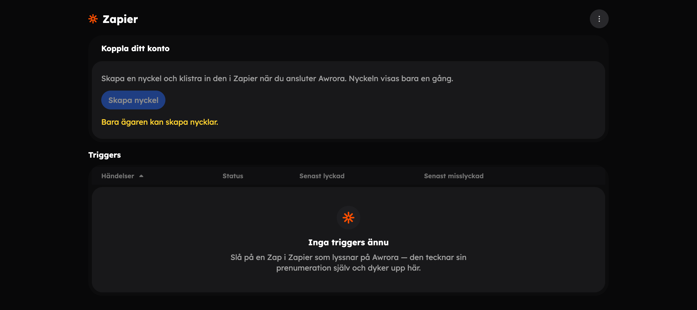 Zapier-sidan i admin med kortet Koppla ditt konto och tabellen Triggers