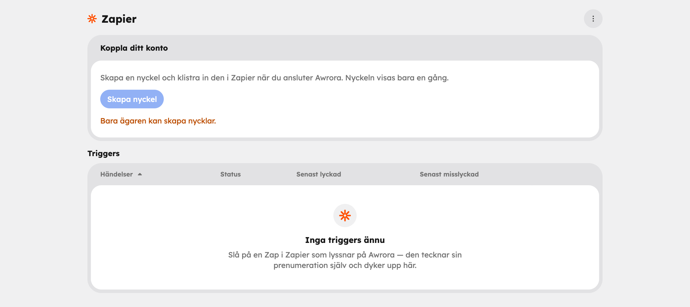 Zapier-sidan i admin med kortet Koppla ditt konto och tabellen Triggers